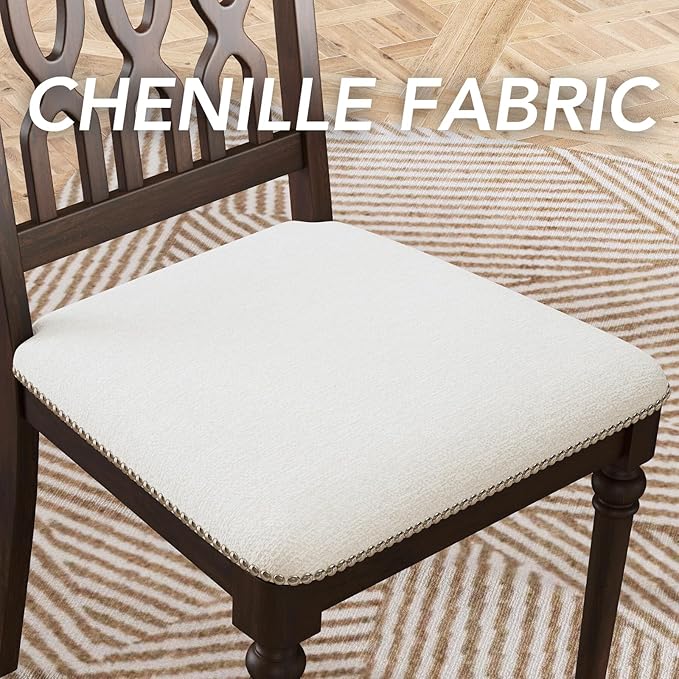 chairus Farmhouse Dining Chairs Set of 2, French Country Vintage Wooden Dining Room Chairs with Lattice Back & Turned Legs, Rustic Chenille Upholstered Nailhead Trim Side Kitchen Chairs, Walnut Brown