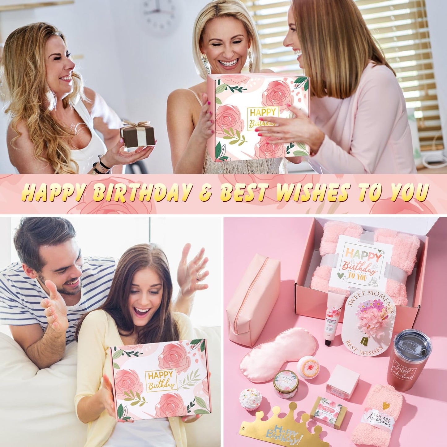 Birthday Gifts for Women Friendship, Unique Happy Birthday Gift Basket for Mom Wife Her Best Friend Sister Girlfriend Coworker W/Flannel Blanket, Luxury Self Care Box Rose Relaxing Spa Gifts Set
