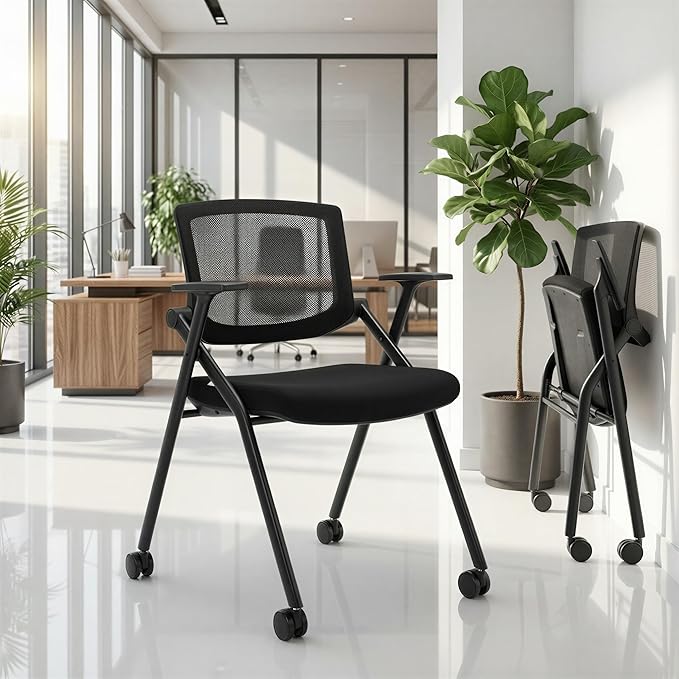 BROBRIYO 2 Pack Stackable Conference Room Chairs with Wheels and Paddle, Ergonomic Mesh Back and Arms for Meeting, Confere...