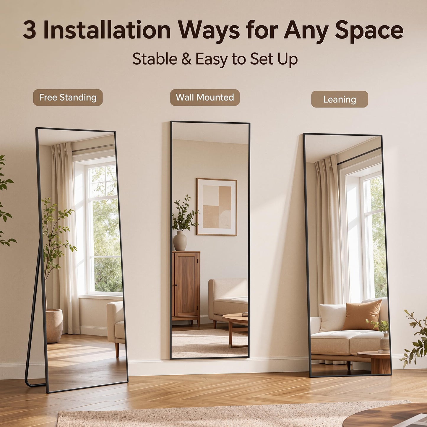 Antok Full Length Mirror, 71"x28" Floor Mirror with Stand, Hanging Mounted Mirrors for Bedroom, Living Room, Cloakroom, Dining Room, Black, Rect
