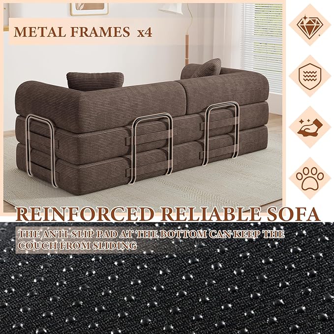 77" Convertible Sofa Bed, Modular Folding Futon Corduroy Floor Foam Compressed Loveseat Sleeper Sofa Couch, Pull Out Queen Size Couch Bed with 2 Pillows for Living Room Guest Room Studio, Brown