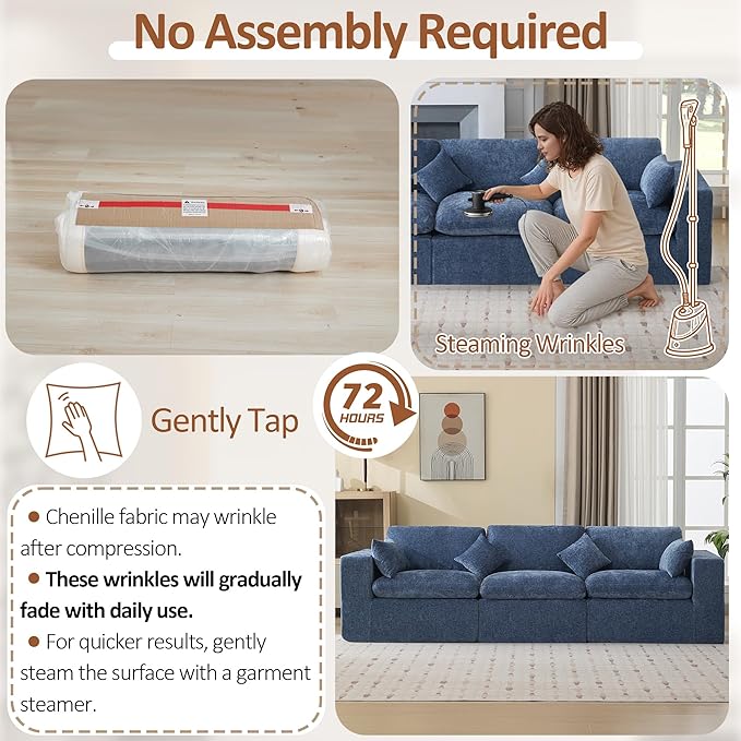 115''Cloud Boneless Sectional Couch, Modular Sectional Sofa Deep Seat, Oversized Upholstered Convertible Comfy 3 Seater Chenille Memory Foam Sofa Couches for Living Room, Blue