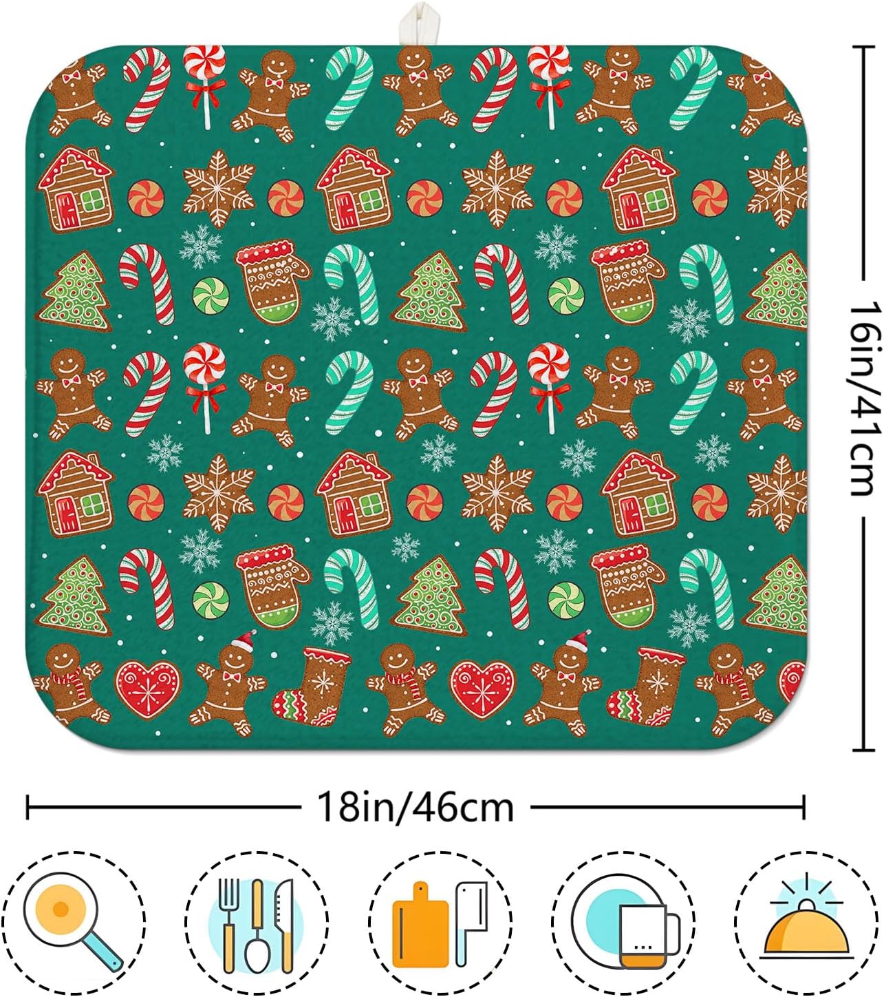 Green Christmas Drying Mat for Kitchen Counter 16" X 18" Christmas Dish Drying Mat for Kitchen Decor Candy Xmas Drying Mats For Home Counter Drying Mats For Dishes Dish Mat Drying Mat