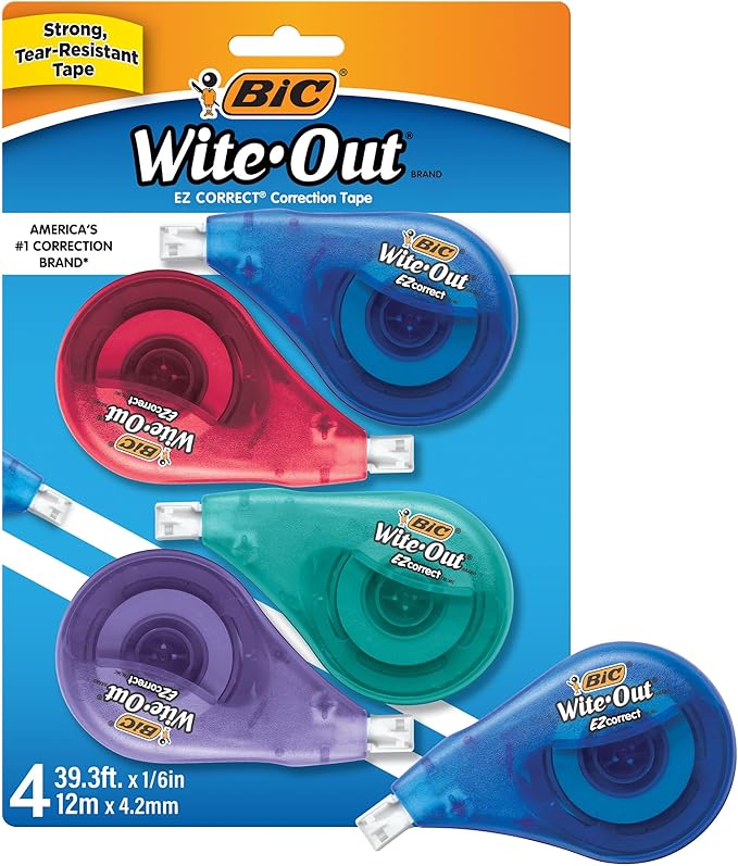 BIC Wite-Out Brand EZ Correct Correction Tape, 19.8 Feet, 4-Count Pack of White Correction Tape, Fast, Clean and Easy to U...