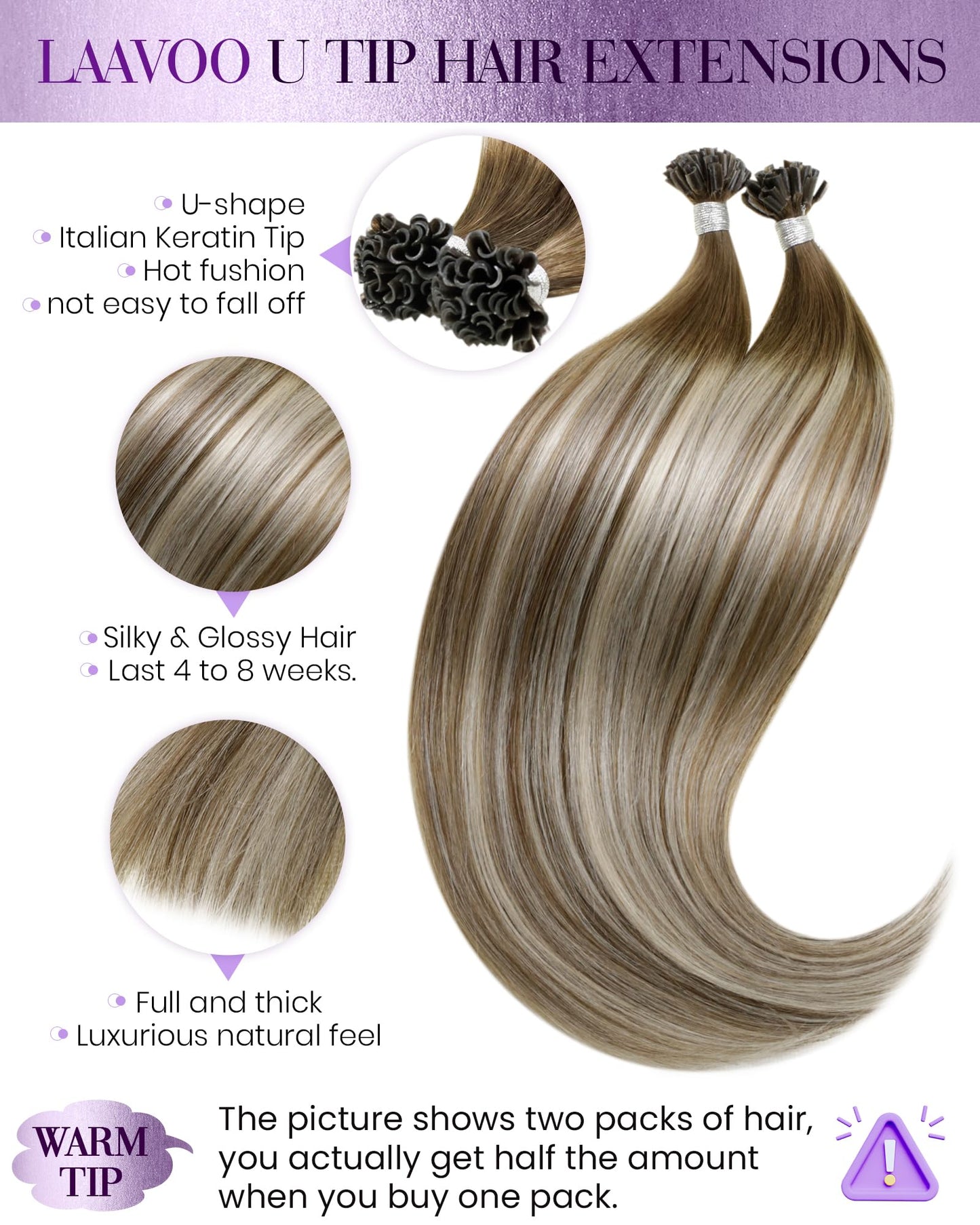 LaaVoo U Tip Hair Extensions Human Hair Balayage Ktip Human Hair Extensions Balayage Light Brown Mix Blonde Utip Hair Extensions