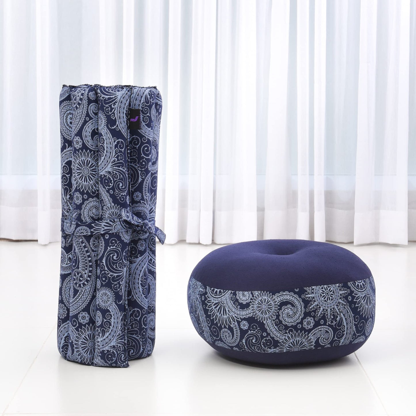 Leewadee Meditation Cushion Set – 1 Small Zafu Yoga Pillow and 1 Small Roll-Up Zabuton Mat Filled with Kapok, Blue White