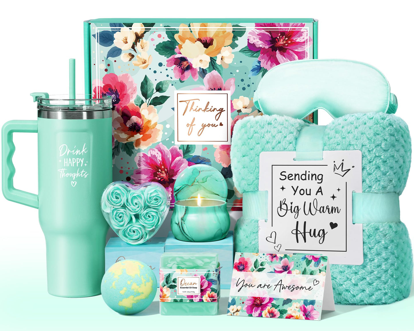 Birthday Gifts for Women Self Care Gifts Get Well Soon Gifts, Ocean Relaxing Spa Gifts Basket Care Package w/ Luxury Flannel Blanket 40 oz Tumbler, Mothers Day Gifts for Mom Wife Her Girlfriend Sister