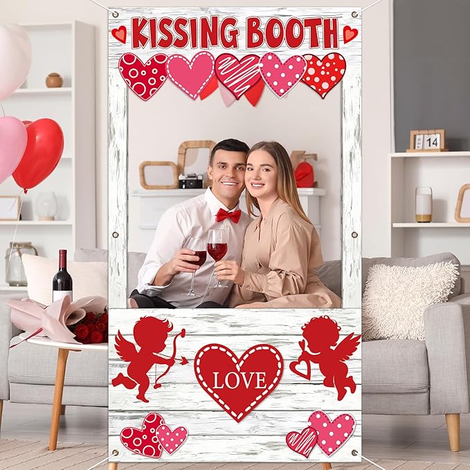 Valentine's Day Party Decorations Kissing Booth Theme Photo Booth Props Cupid Love Heart Banner Valentine Picture Frame fo...