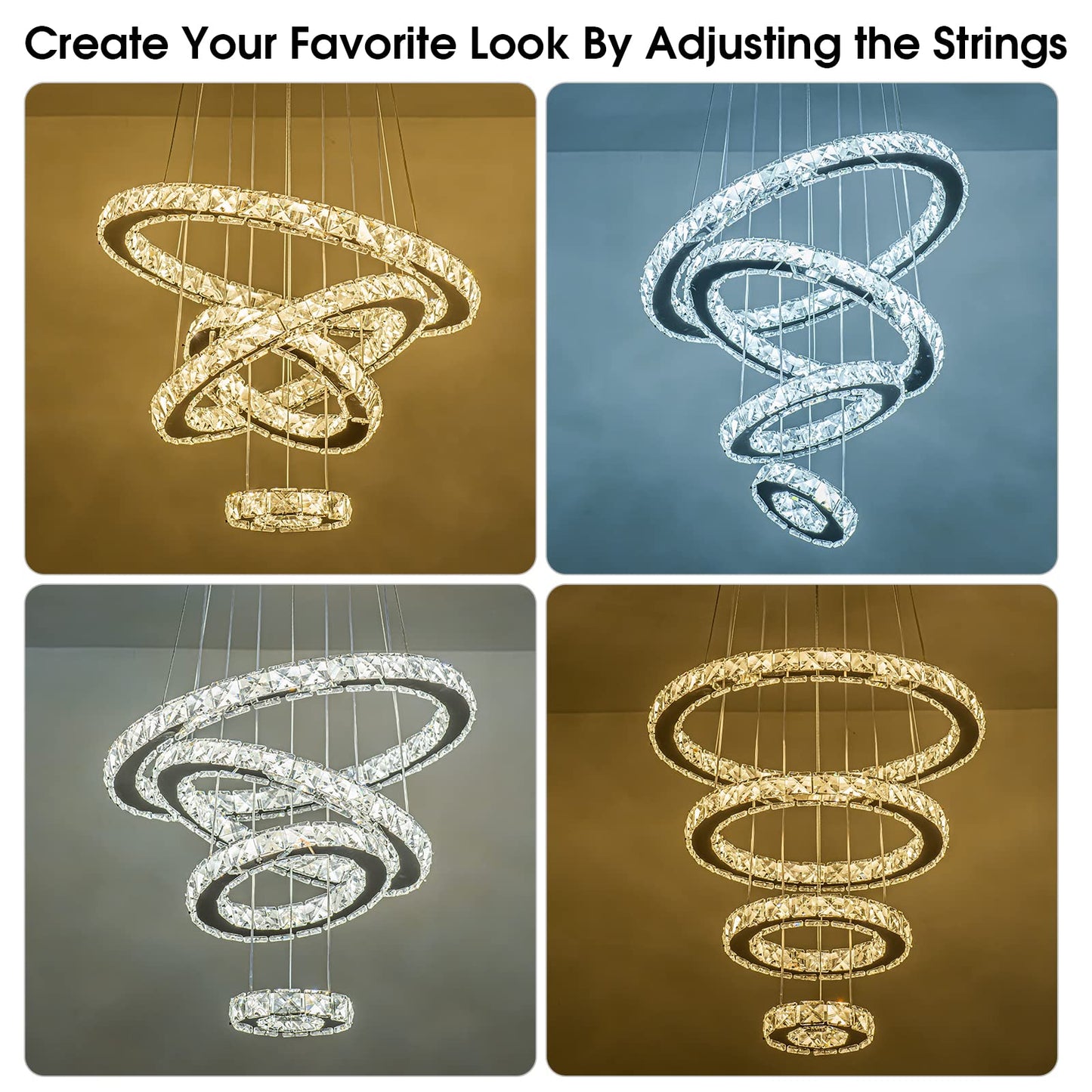 KKMYWAN Modern Crystal Chandelier, Dimmable 4 Rings LED Linear Chandelier Dining Room Light Fixture with Remote for Dining Room, Entryway, Bedroom,Living Room and Foyer Size: Ø5.5+9.4"+13.4"+17.3"