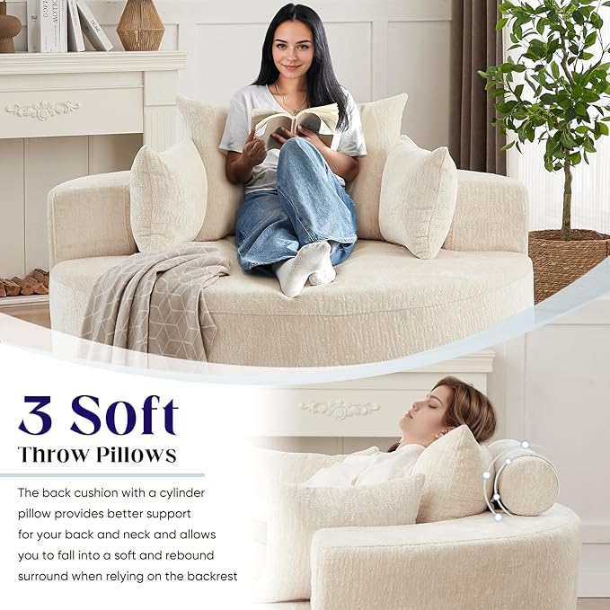 Oversized Round Swivel Chaise Longue Chair Indoor, Modern 55-inch 360 Degree Swivel Upholstered Chenille Deep Seat Circle Single Cloud Sofa Chair for Living Room Bedroom Apartment Office, Beige
