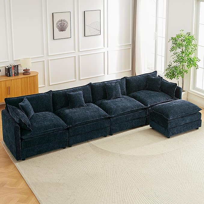 saows Modular Sectional Sofa, 147.2 Inch L Shaped Couch Set with Armrests, 4-Seater Comfy Cloud Couches with Movable Ottoman for Living Room Apartment, Blue
