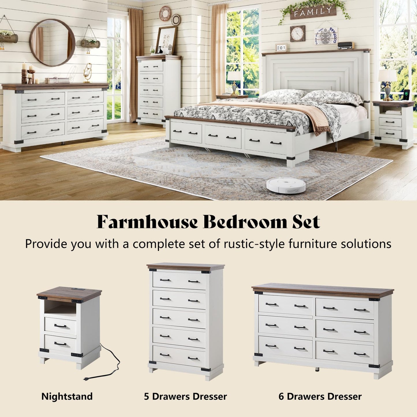 AMERLIFE 2 Pieces Farmhouse Bedroom Set, Includes Wood Rustic Queen Size Bed Frame with 54" Tall Headboard, 48" Tall 5 Drawers Dresser Chest, Heavy Duty Thick Plank Styling, Antique White