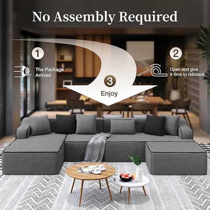 SUNSHINE VALLEY U Shaped Boneless Modular Cloud Couch, 133.5'' Oversized Corduroy Sectional Sofa for Living Room, 6-Seat Upholstered Modern Couch with Deep Seat, No Assembly Required, Grey