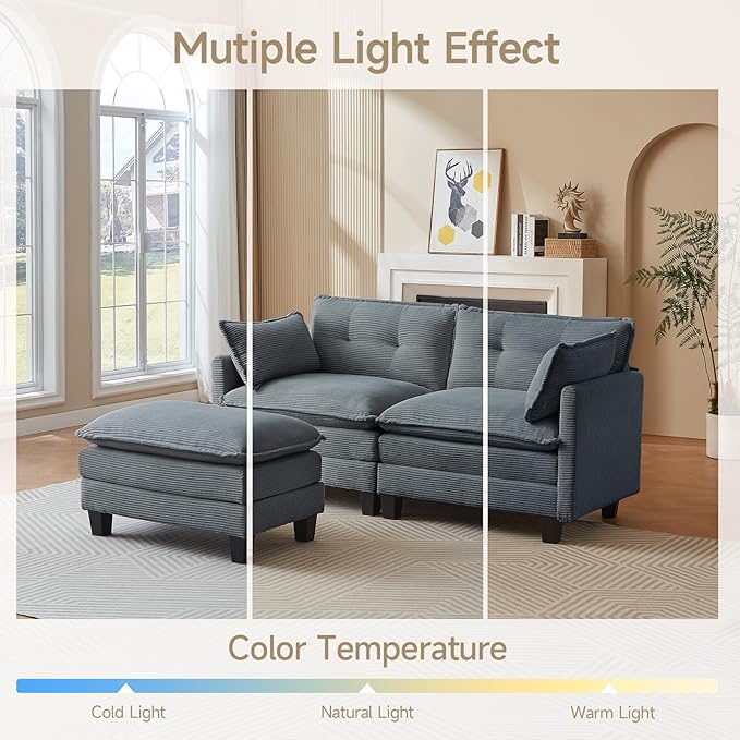 Amsleekey Modular Sectional Sofa, 76.5" L-Shaped Corduroy Comfy Sectional Couches for Living Room, 2-Seater Cloud Couches with 1 Movable Ottoman, Flexible Combination Modern Deep Seat Sofa (Grey)