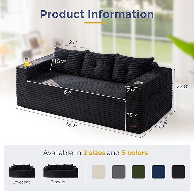 MAXYOYO 79" Oversized Boneless Loveseat Sofa Couch for Small Spaces, Mini Love Seat Floor Couch with Cup Holders and Pillows, 3-Seater Upholstered Cloud Couch for Bedroom, No Assembly Required
