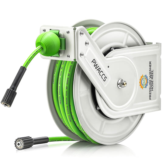 PWACCS Retractable Pressure Washer Hose Reel, Heavy Duty Power Washer Hose Reel 1/4" x 60ft, High Pressure Reel Auto Rewind, Wall/Floor Mounted, 3600 PSI