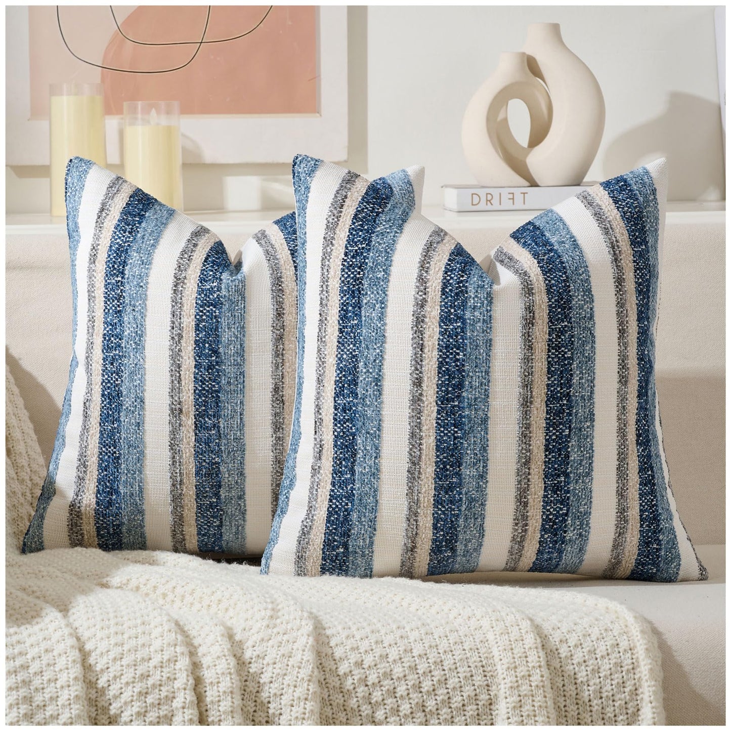 Zealax Modern Farmhouse Decorative Pillow Covers 18x18 Inch Boho Throw Pillows Neutral Soft Chenille Couch Cushion Covers, Set of 2 Velvet Striped Accent Pillows Cases for Sofa Bed Living Room, Blue