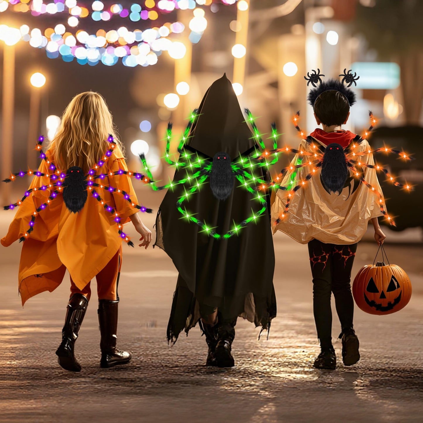 Halloween Spider Costume for Adults Orange LED Lights Plus Candy Backpack Headband Ring Tattoos for Trick or Treat Cosplay Halloween Party Decorations Accessories(Batteries Not Included)