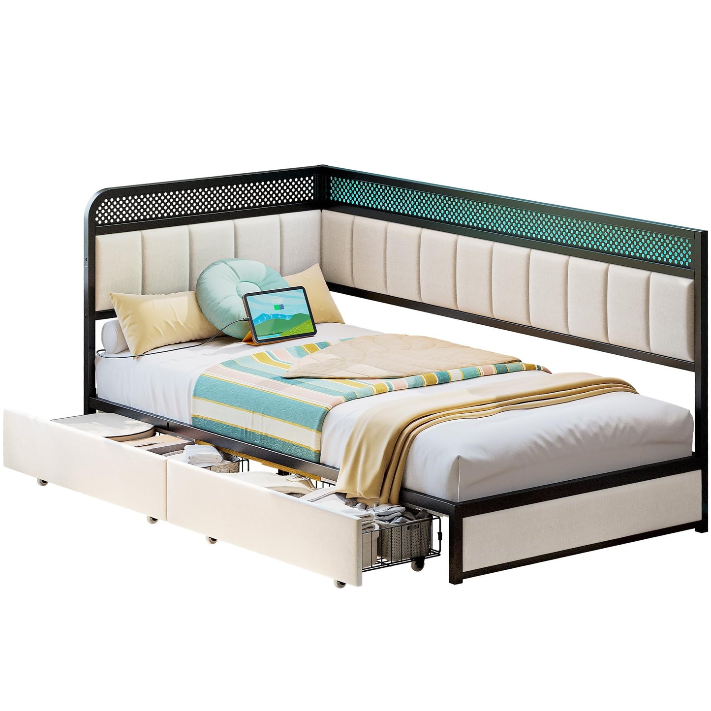 LIKIMIO Twin Corner Bed Frame with Storage Drawers and Charging Station, Modern Twin Daybed with LED Lights and Upholstered Guardrail, Beige