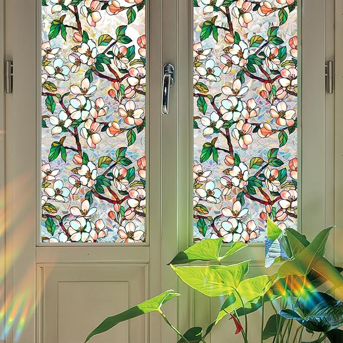 Stained Glass Window Film UV Resistant Window Privacy Film Petal Privacy Rainbow Decals Living Room Bedroom Sun Blocking Decor Removable Static Cling Stickers 17 x 78.74 Inch