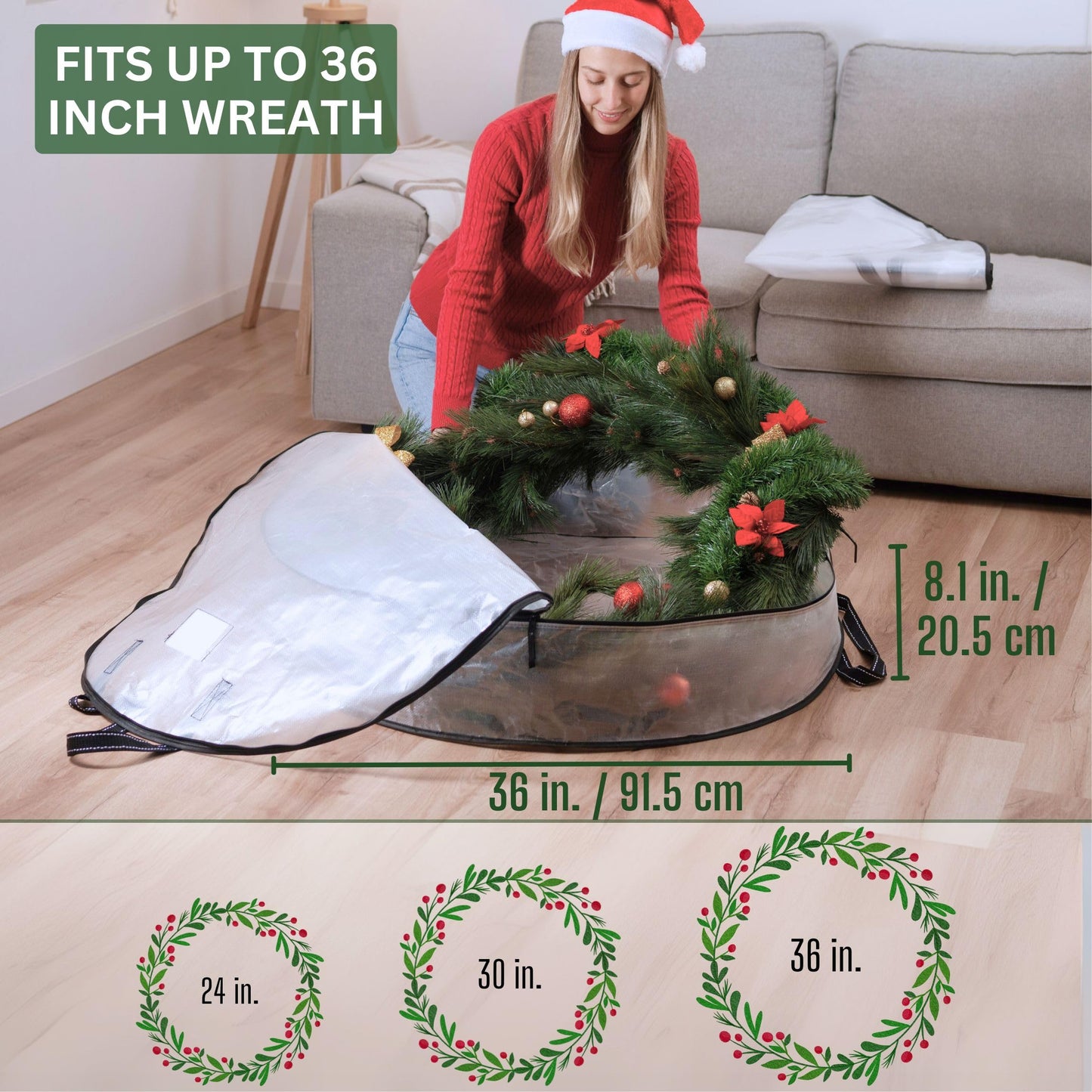VENO 2 Pack Front Door Wreath Storage Container For Summer - 36 Inch Clear Wreath Bag, Christmas Garland Decoration Organizers with Zipper and Durable Handles (Clear, 36"-2 Pack)