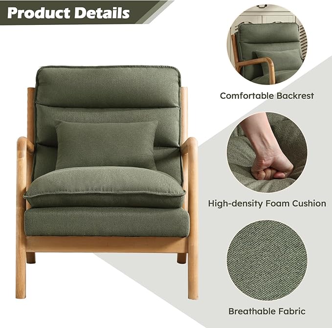 IOMOR Mid Century Modern Accent Chair Set of 2, Upholstered Lounge Armchair with Plump Back Pillow, Comfy Reading Chair with Solid Wood Frame for Bedroom Living Room, Green
