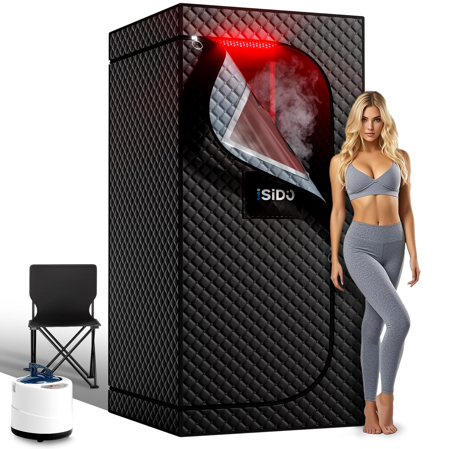 ISIDO Upgraded Infrared Steam Sauna with 660nm Red Light Therapy & 850nm Infrared Light Panel, 3L 1300W Steamer, Folding Chair, XXL Portable Sauna Personal Sauna Box Sauna Tent Home Sauna