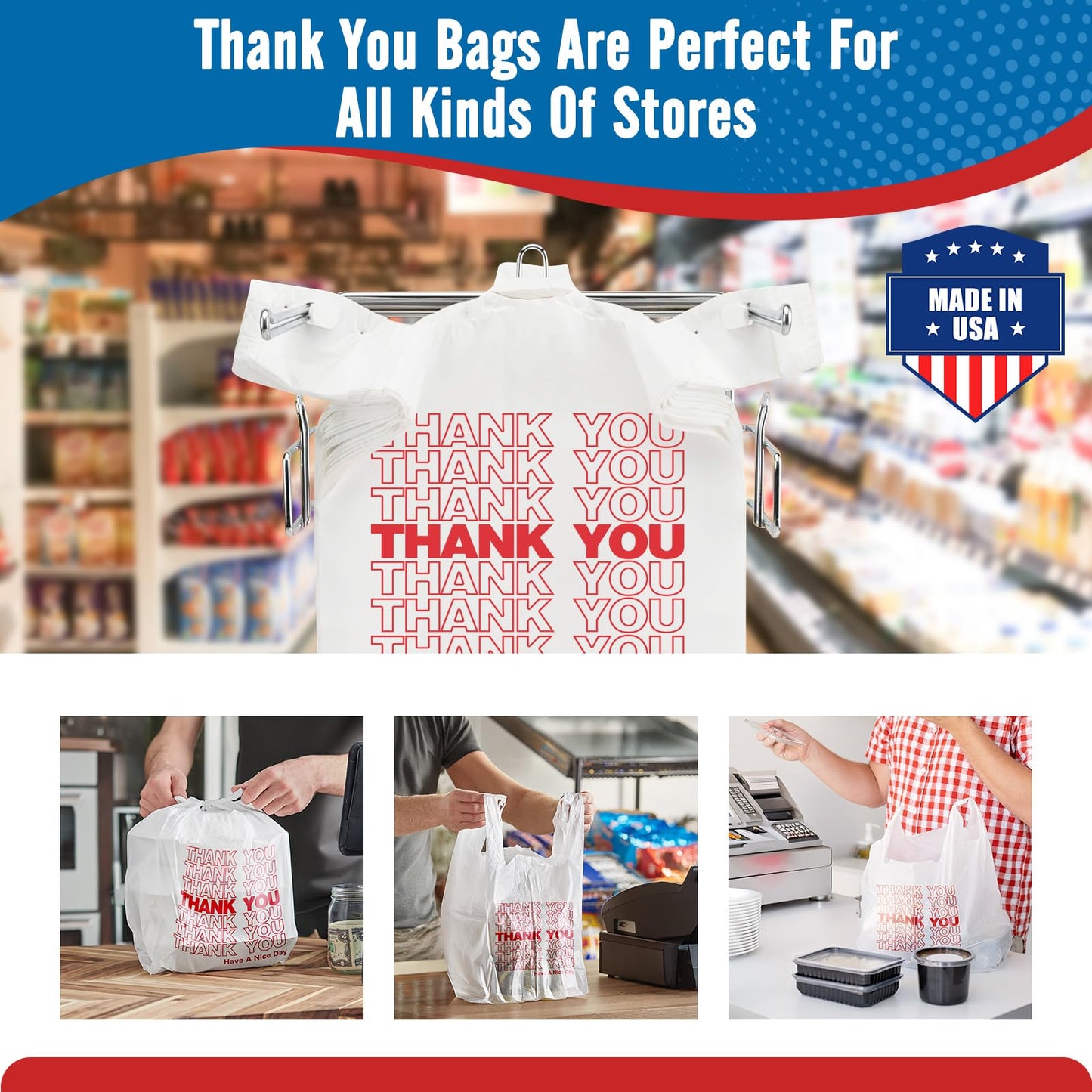 Fuxury 500 Count - Thank You Plastic T-shirt Bags White with Handles (11.5" x 6.5" x 21"), Grocery, Take Out, To Go, Restaurants, Convenience Store,Retail Shopping Bags in Bulk for Small Business