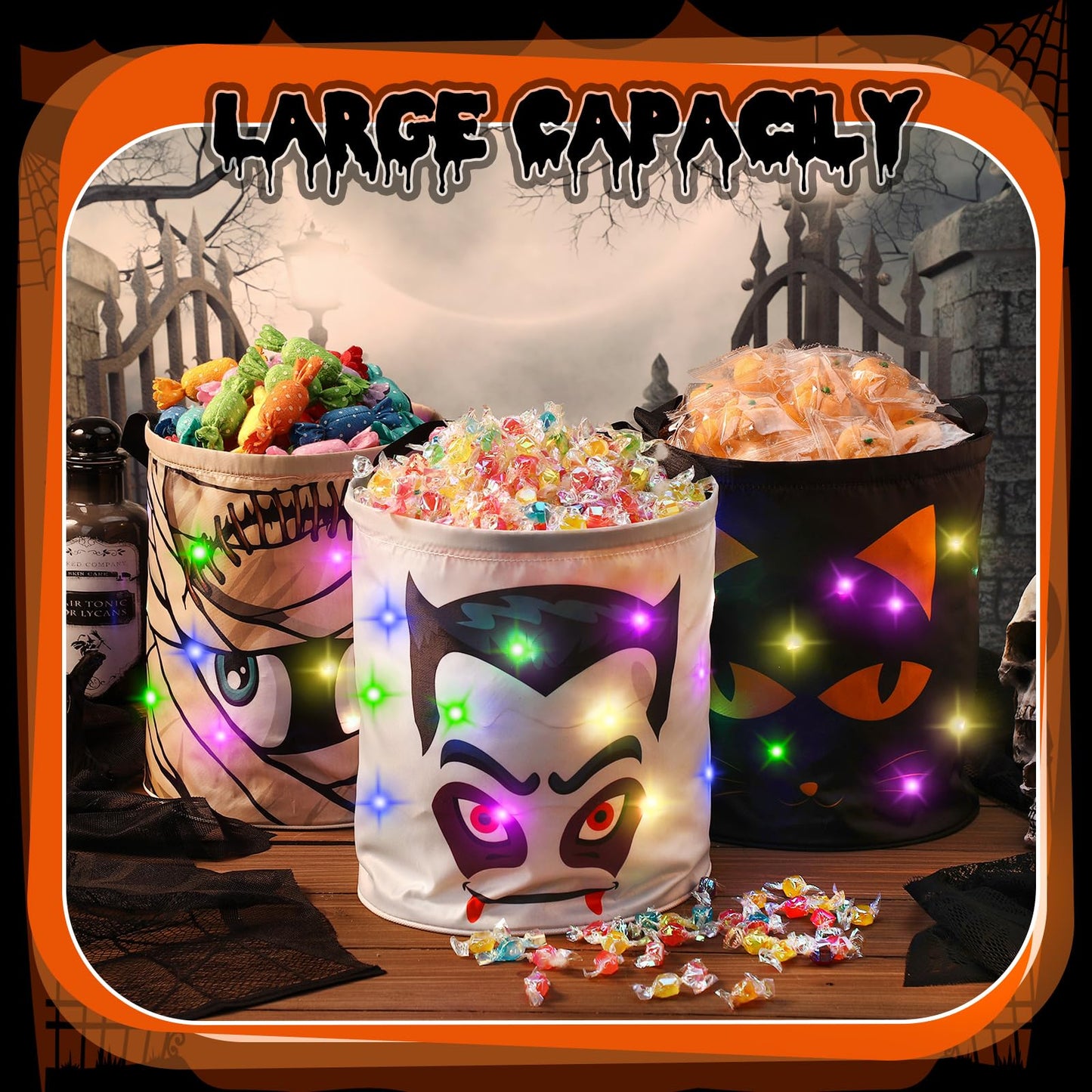 Sanwuta 3 Pcs Lighted Halloween Trick or Treat Bucket 10 x 10.5 Inches LED Spooky House Castle Bag Reusable Goody Candy Bucket for Kids Trick or Treat Halloween Birthday Party Favor Supplies(Novelty)