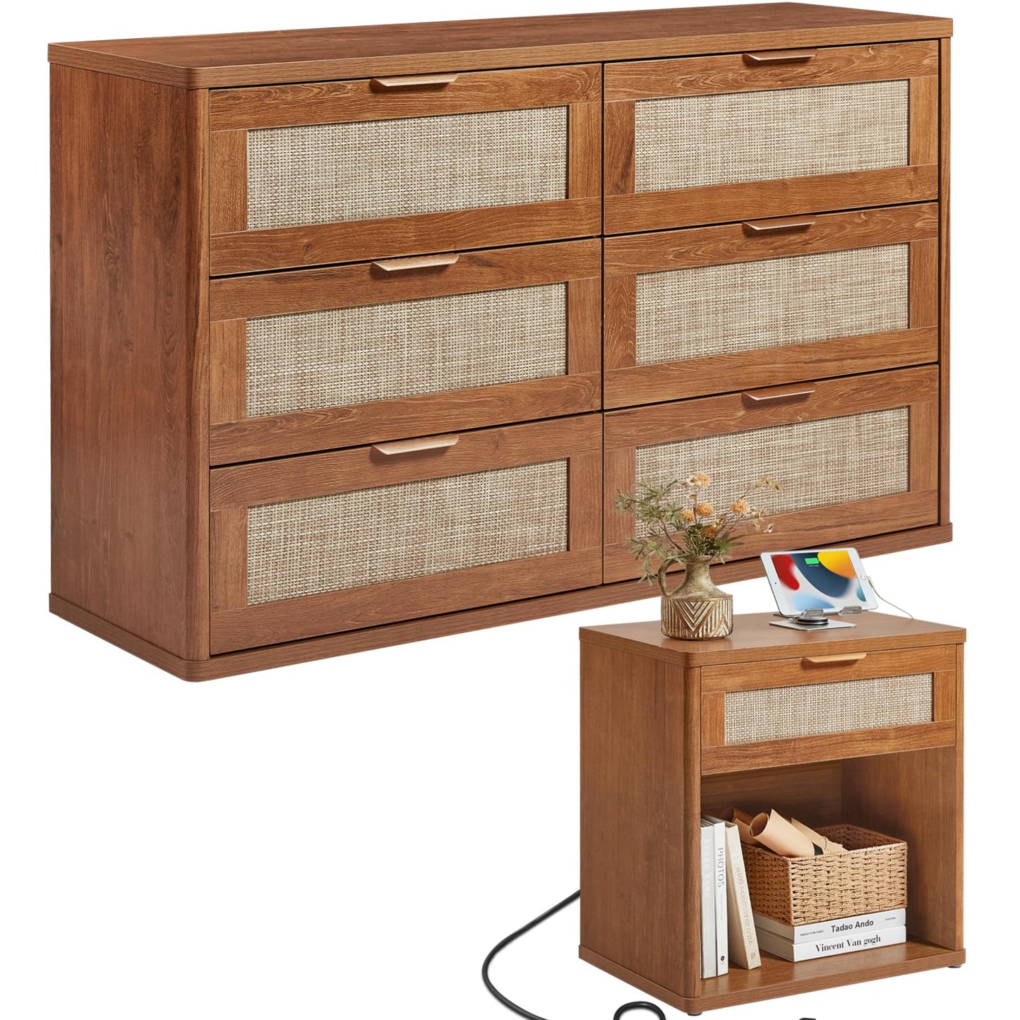 LEYAOYAO Rattan Dresser and Nightstand Set of 2, Boho Wood Dresser for Bedroom with 6 Drawers and Night Stand with Charging Station, Bedroom Furniture, Dressers & Chests of Drawers,Living Room,Hallway