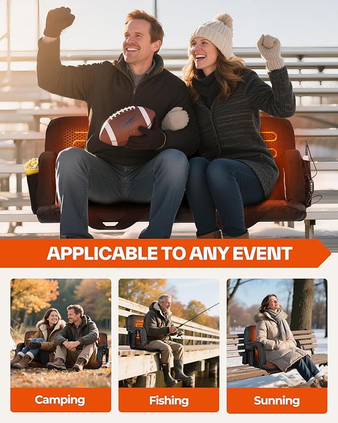 Sportneer Heated Stadium Seats with Back Support: 6 Adjustable Angles Extra Wide Bleacher Seat with Dual Heating Zones - 2.5" Padded Stadium Seats for Sports Outdoors, 2 Pack