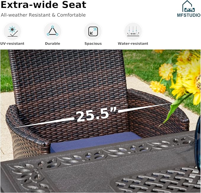MFSTUDIO Patio Wicker Chair Sets of 6, Outdoor Patio Rattan Sofa Dining Chairs Set of 6 with Navy Removable Cushions, Armrests and Metal Frame, 330lbs, Backyard, Porch