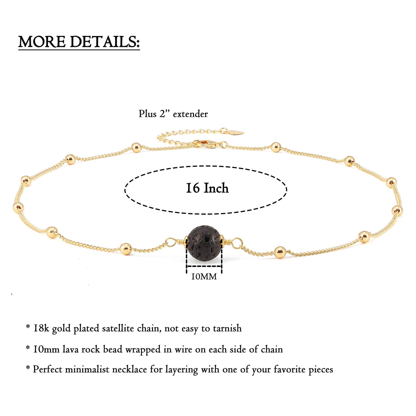 Aobei Pearl Lava Stone Pendant Necklace 18K Gold Satellite Chain Choker Essential Oil Diffuser Jewelry for Women 16''