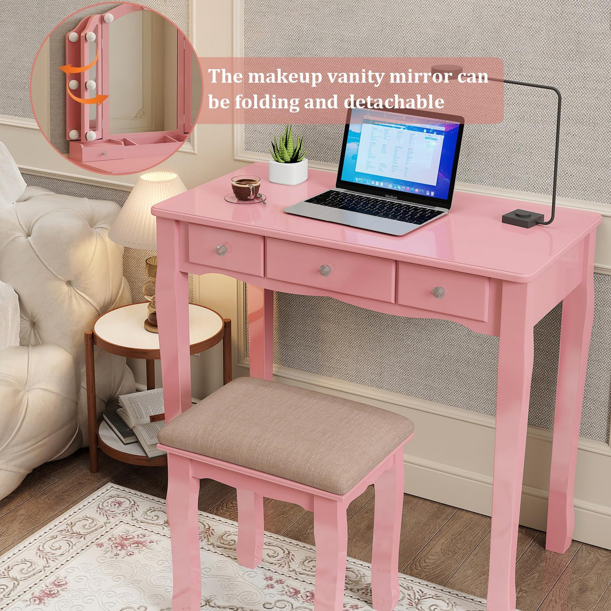 Phonrida Pink Makeup Vanity for Girls Vanity Desk with Mirror and Lights Girls Vanity Desk Vanity with Lights Make Up Vanity Set tocadores para maquillarse con Luces y cajones Vanity Table Set
