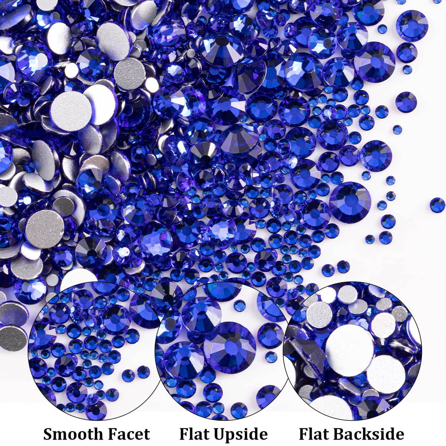 One Pack 2000 Pcs of Flatback Round Royal Blue Rhinestones 6 Sizes (1.5-6 mm) with Nail Art Rhinestone Picker Pencil and Tweezer
