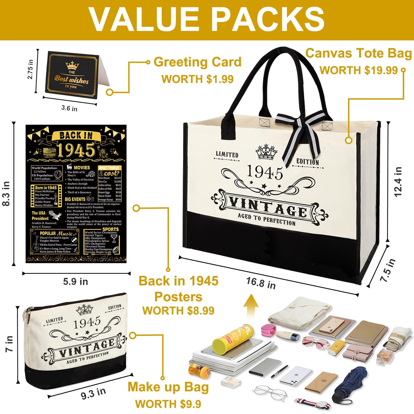 80th Birthday Gifts for Women Canvas Tote Bag Travel Gear, Unique 80 Years Old Birthday Gifts for Mom Wife Aunt Friends Her, Vintage 1945 Handbag & Cosmetic Bag & Back in 1945 Poster