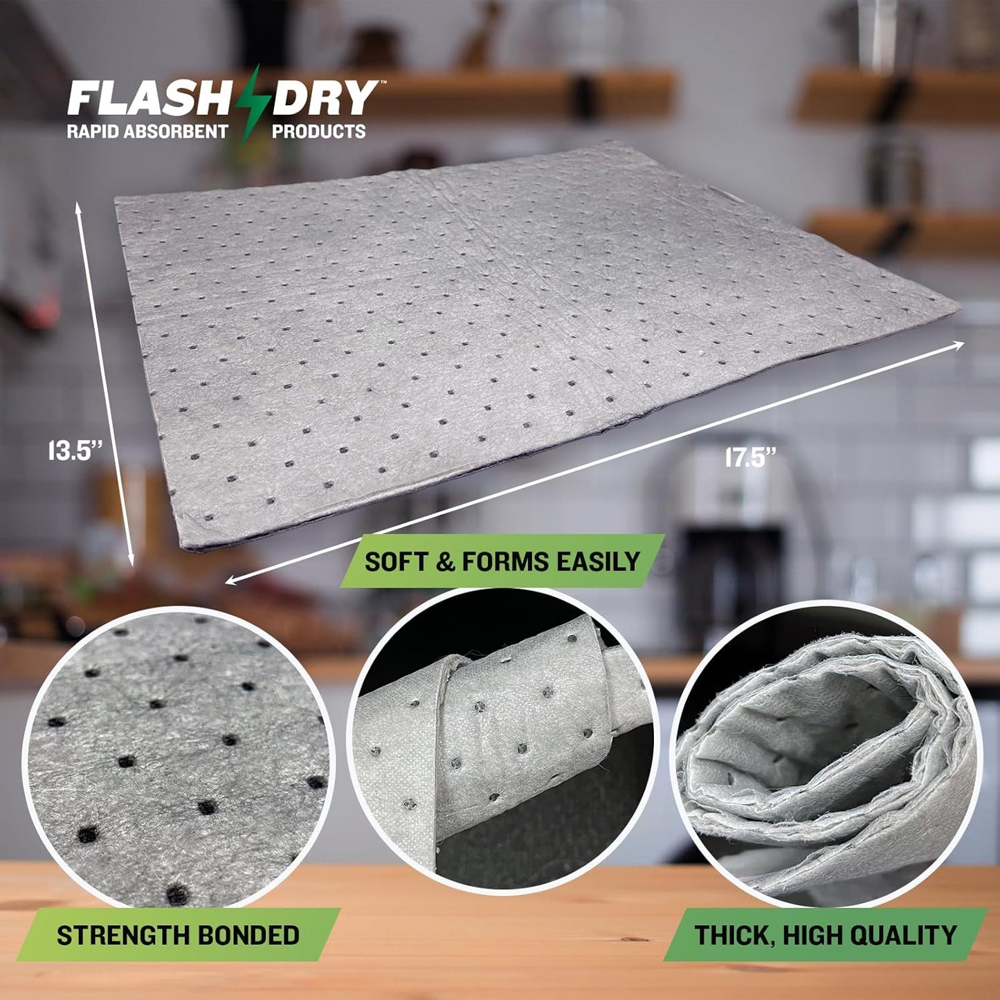 FlashDry - Universal Spill Absorbent Pads (100 Pads per Container) | 17.5” x 13.5” x 2mm Oil and All Purpose Premium Liquid Pads Packed in a Convenient Sturdy Dispensing Box (1)