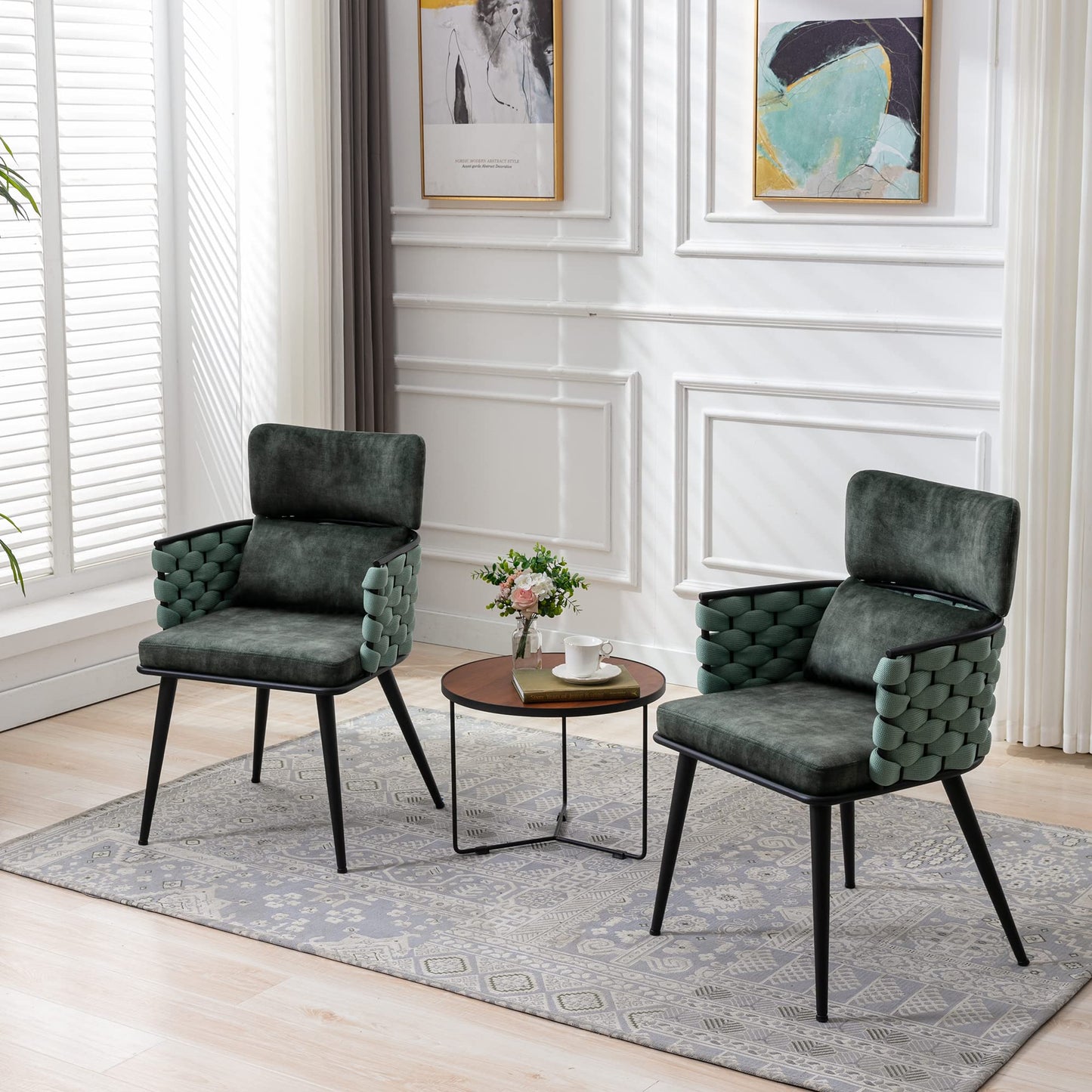 BFZ Mid-Century Modern Dining Chairs Set of 2, Handmade Woven Kitchen Chairs, Upholstered Velvet Dining Chairs with Metal Legs for Kitchen, Dining Room, Living Room