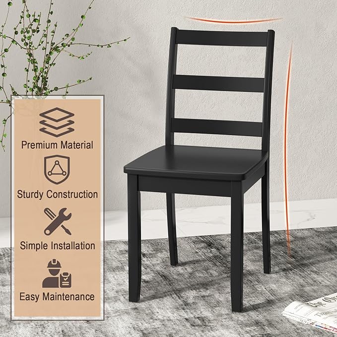 Giantex Wood Dining Chairs Set of 2 Black- Wooden Armless Kitchen Chairs with Solid Rubber Wood Legs, Non-Slip Foot Pads, Max Load 400 Lbs, Farmhouse Style High Ladder Back Wooden Dining Room Chairs