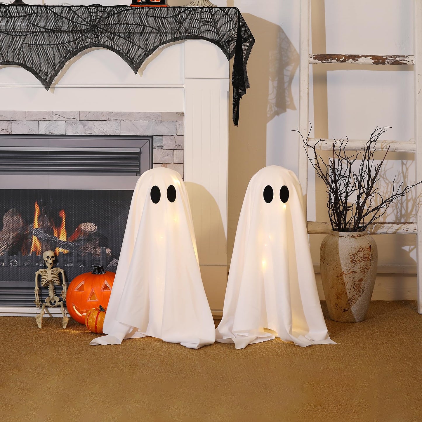 Halloween Decorations -2 Packs Spooky Ghosts with String Lights-Scary Ghost for Halloween Decor Indoor Party Home Table Room Kitchen and Fireplace Decor