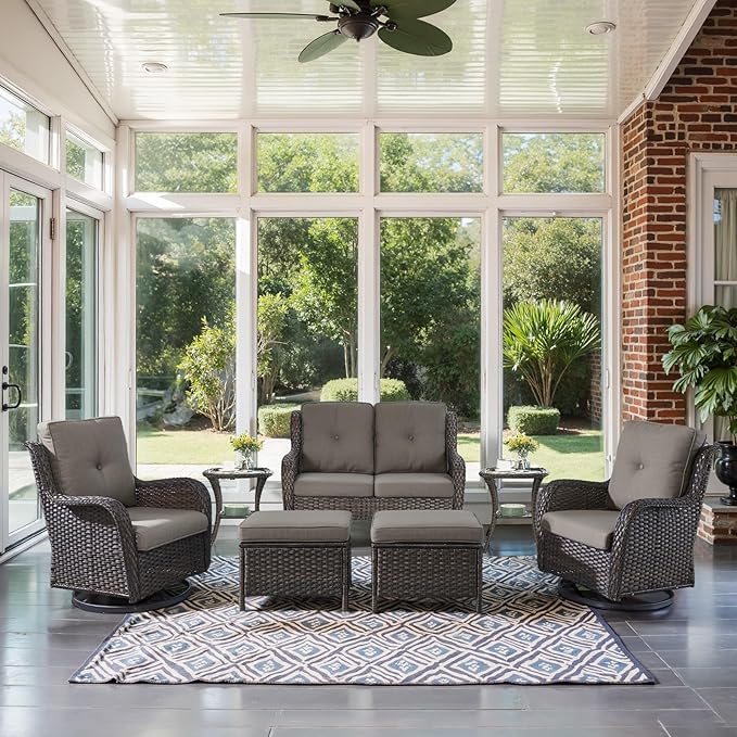 Belord Outdoor Patio Furniture Set - 7 Piece Brown Wicker Conversation Patio Furniture Set All Weather Swivel Chairs with Ottoman and Loveseat Glider Chair for Deck Balcony Backyard