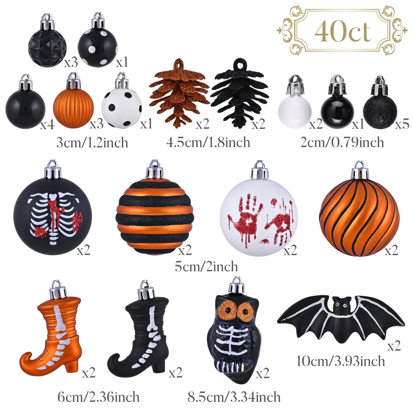 Valery Madelyn Halloween Ornaments Tree Decorations Indoor, 40ct Medium Variety Shatterproof Scary Skeletons Owl Bats Hanging Ball Ornaments Set for Small Tree, Spooky Holiday Party Home Decor