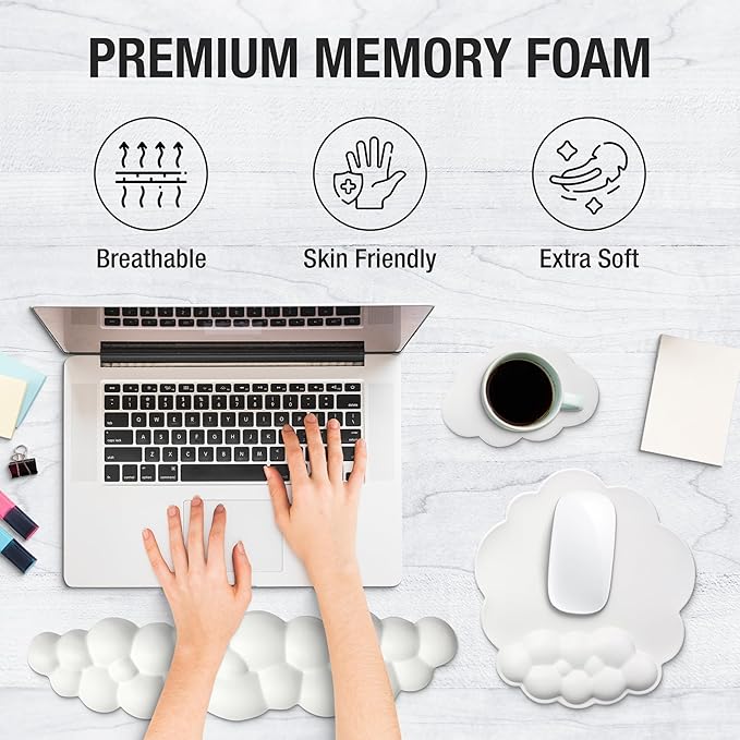 Premium Quality Cloud Wrist Rest Keyboard & Mouse Pad Set – Ergonomic Memory Foam Desk Accessories with Wrist Support for Office & Gaming – White Lether