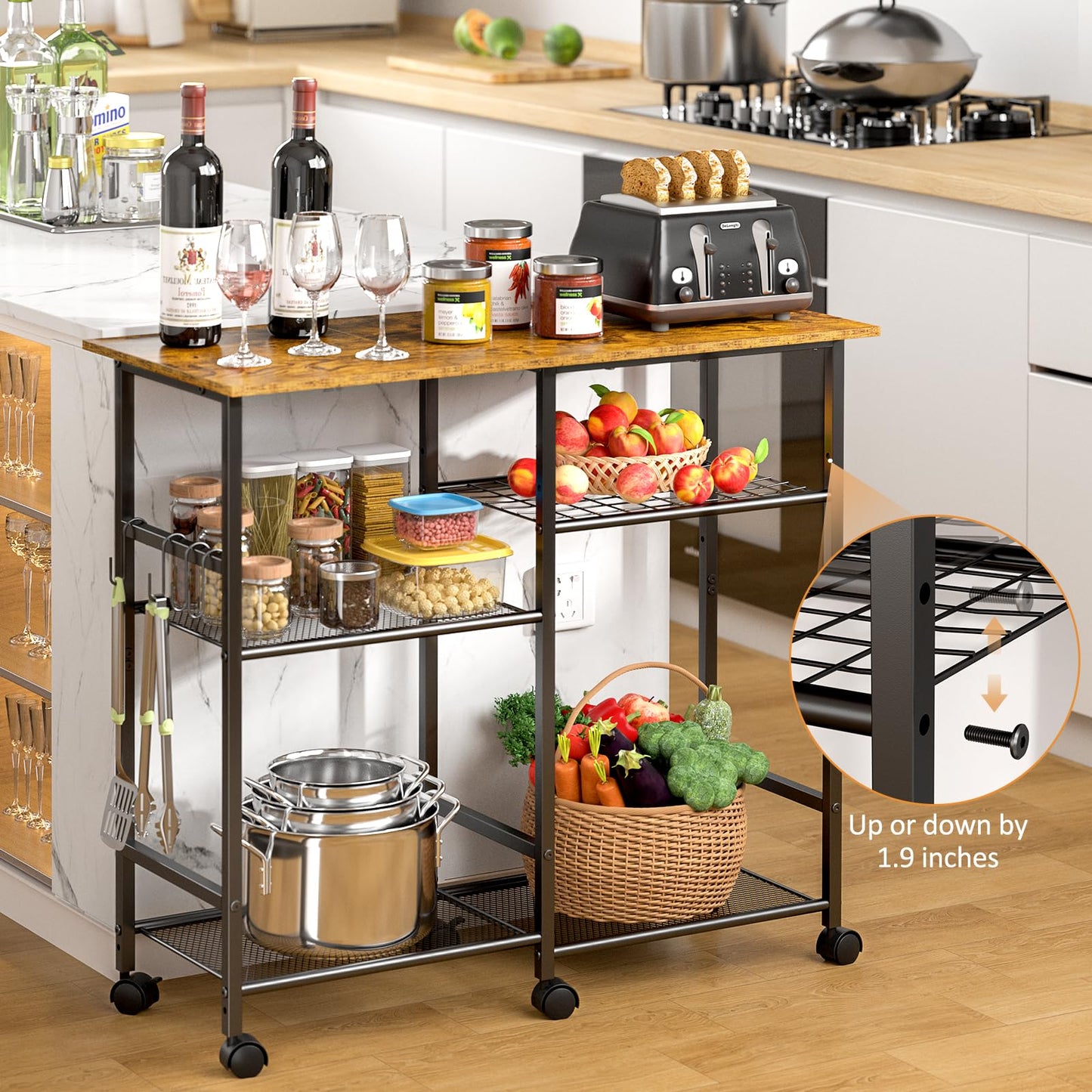 ThreeHio Kitchen Microwave Cart, Microwave Stand with Adjustable Shelf, Coffee Bar Stand Kitchen Baker's Rack with Wheels Rolling Storage Cart Organizer Shelf for Living Room, Office, Balcony