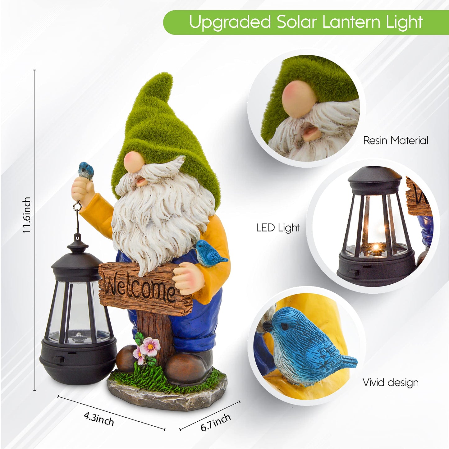 Olekki Garden Gnomes Outdoor - Flocked Gnome Statue Holding Lantern with Solar LED Lights | Gnomes Garden Decorations for Patio, Yard, Lawn Ornaments - Gnome Gifts