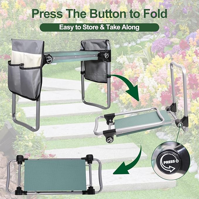 LUCKYERMORE Foldable Garden Kneeler and Seat, New Generation Gardening Stool with 2 Tool Pouches, with Wider&Softer EVA Kneeling Pad, Gardening Gifts for Parents Seniors, Lightweight & Heavy Duty