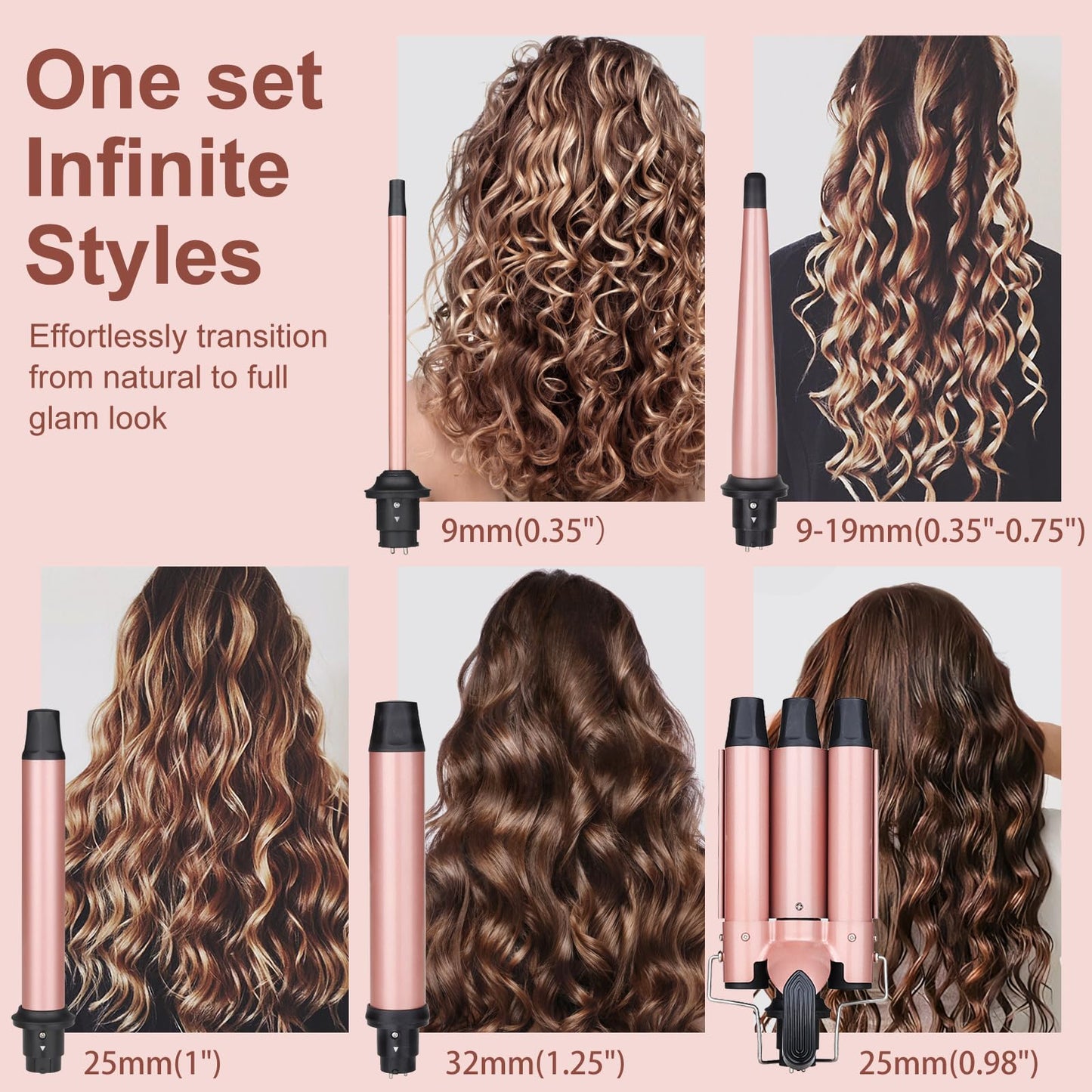 UNOBEY 5 in 1 Curling Wand Set, Three Barrel Curling Iron Set with 3 Barrel Curling Iron and 4 Interchangeable Ceramic Curling W