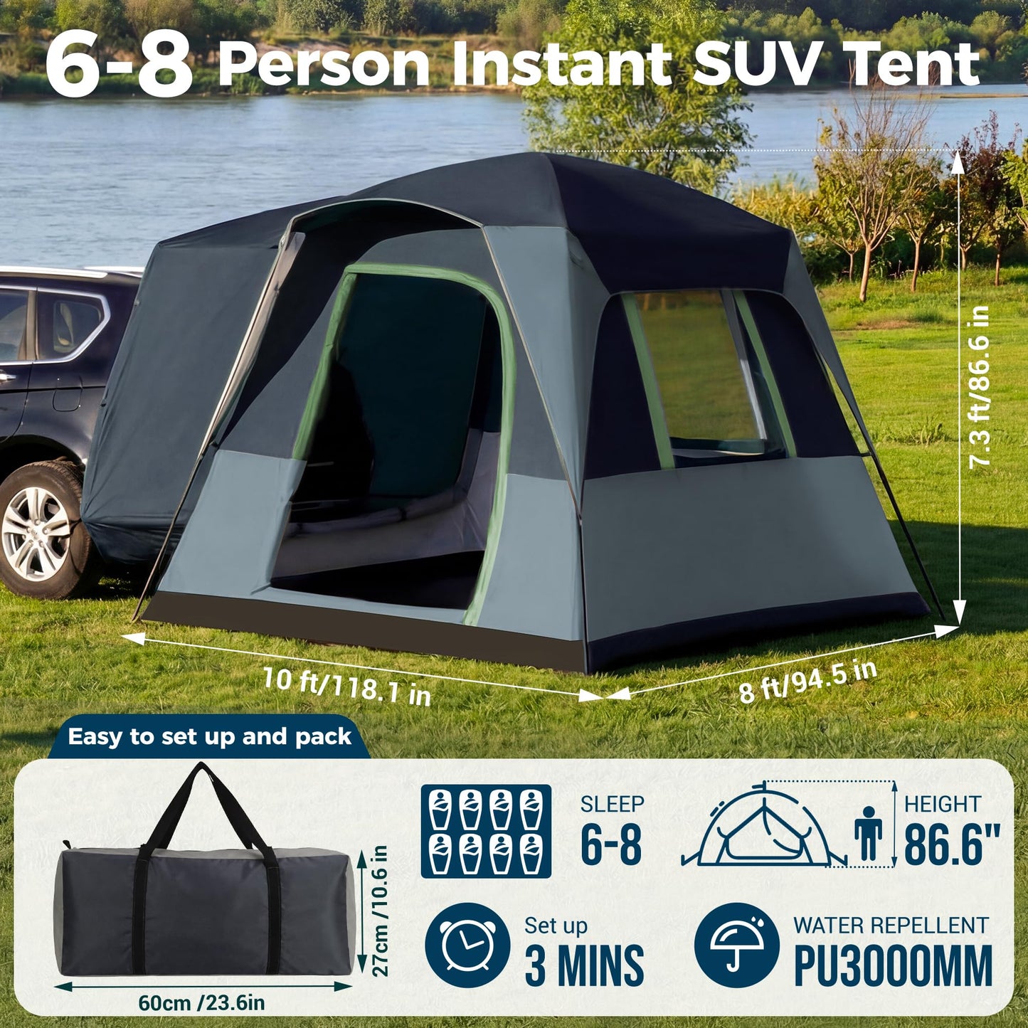 5/6 Person SUV Tent for Camping, SUV Tailgate Tent,Truck Car Tent Weather Resistant Portable for Car SUV Van Camping, Includes Rainfly and Storage Bag, 10' W X 8' L X 7.1' H (Blue)