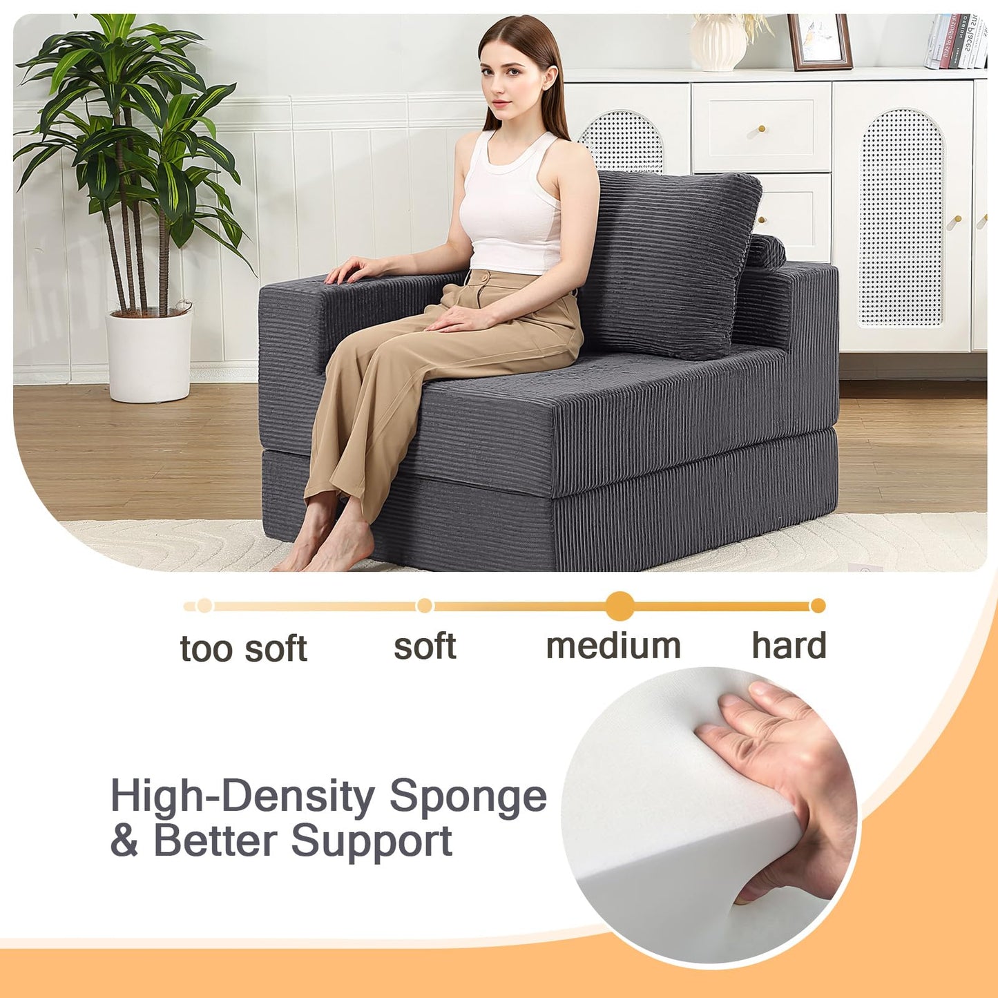 MeMoreCool Convertible Sofa Bed Foldable Boneless Couch, Folding Sleeper Chair Bed with L-Shaped Armrest, Comfy Floor Lounge Couch for Adults, Fold Out Single Sofa Chair Futon for Indoor Bedroom