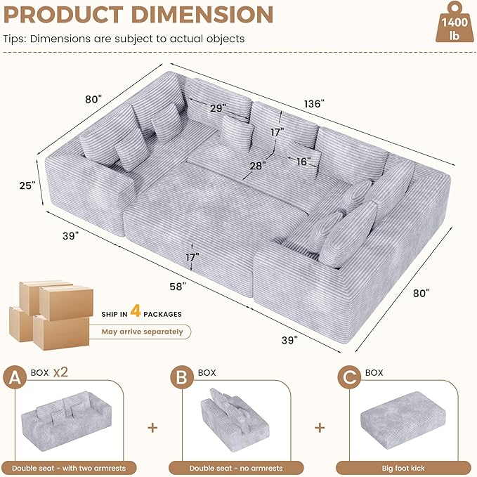136'' Large Sectional Cloud Couches with Chaise, U Shaped Boneless Sofa Bed with Ottoman, No Assembly Required Deep Seat Modular Lounge for Living Room 4PCS Set, Bedroom(Light Grey)